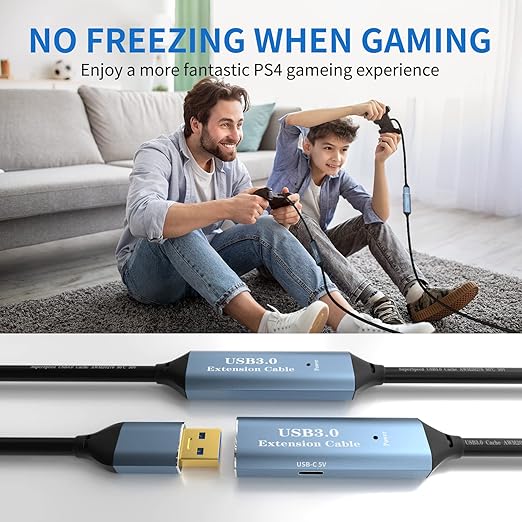 USB 3.0 Extension Cable 16.4FT Type A Male to Female Active Extender Cord with 1 Extension Chipsets Signal Booster and 1 USB-C Charging Port, for Webcam, PlayStation, Printer, Camera