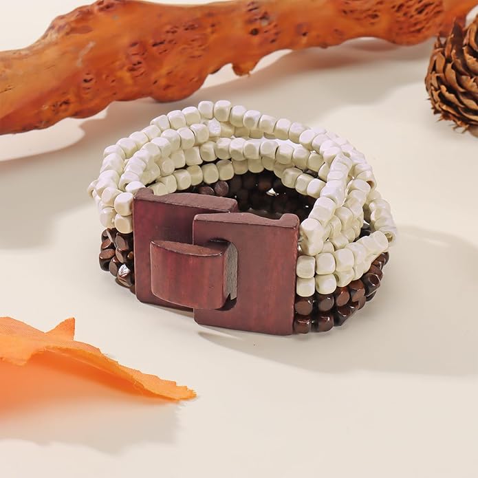 Coiris Boho Bangle Bracelets for Women Wooden Beaded Bracelets Chunky Bohemian Beach Bracelets Jewelry for Women