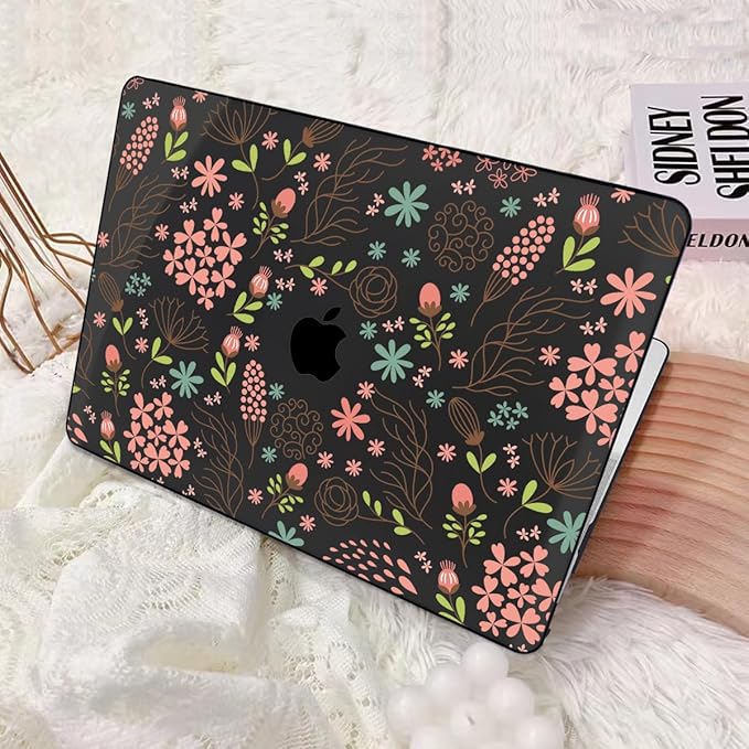 for MacBook Air 13 inch Case 2021 2020 2019 2018 Release M1 A2337 A2179 A1932, Pritned Pattern Plastic Hard Case Cover for MacBook Air 13.3" Retina Display Touch ID, Seamless Flower Black