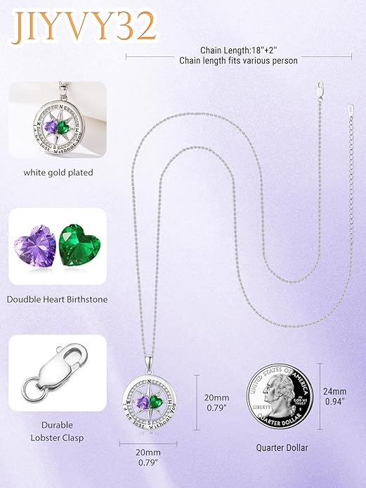 Compass Necklace for Women, Exquisite S925 Valentines Day Anniversary Birthday Gifts for Wife Her Double Birthstone Pendant Jewelry ‘I'd be Lost Without You’