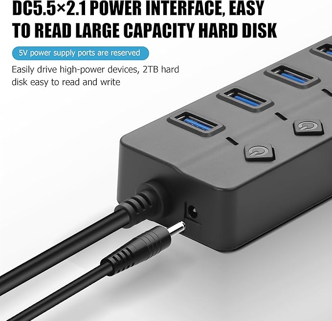 90 Degree USB Hub Splitter YACSEJAO USB 2.0 Data Hub with Individual LED Button On/Off Switch DC5.5 * 2.1 Power Port for Laptop,PC Computer (4 Ports, 0.3M)
