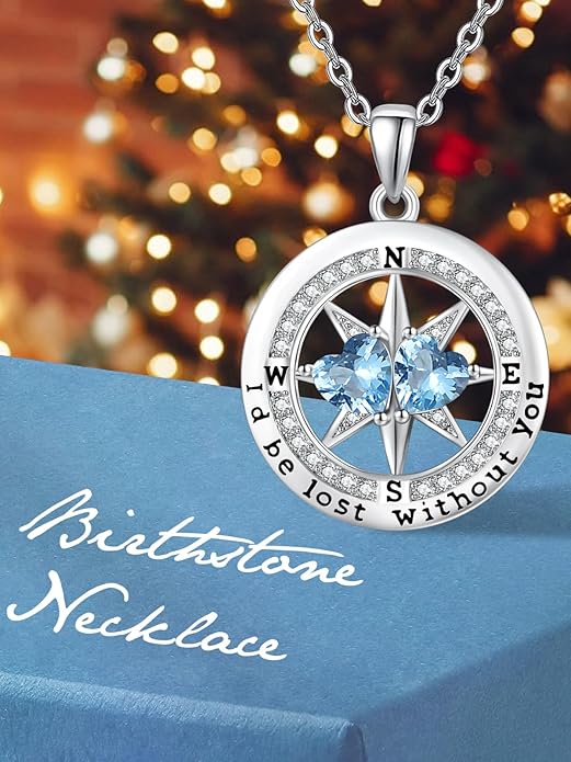Compass Necklace for Women, Exquisite S925 Valentines Day Anniversary Birthday Gifts for Wife Her Double Birthstone Pendant Jewelry ‘I'd be Lost Without You’