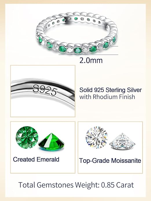 D Color VVS1 Clarity Moissanite Hand Setting Eternity Rings for Women, Solid 925 Sterling Silver Rhodium Finish, Stackable Ring, Wedding Birthday Valentines Anniversary Mothers Day Ideal Gift for Her