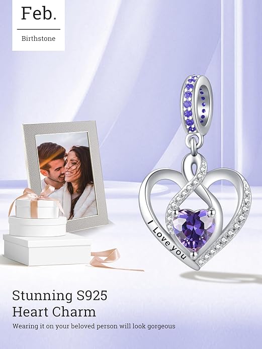 Heart Birthstone Charms for Bracelets, 925 Sterling Silver Women Bead Charms for Charm Bracelets Necklace, Mother's Day Birthday Anniversary Jewelry Gifts for Wife Mom Grandma Daughter