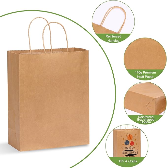 OUTUXED 100pcs Brown Paper Bags 10x5x13in Kraft Large Paper Gift Bags with Handles Bulk for Business, Shopping, Grocery, Retail, Birthday Wedding Party Favor, Merchandise