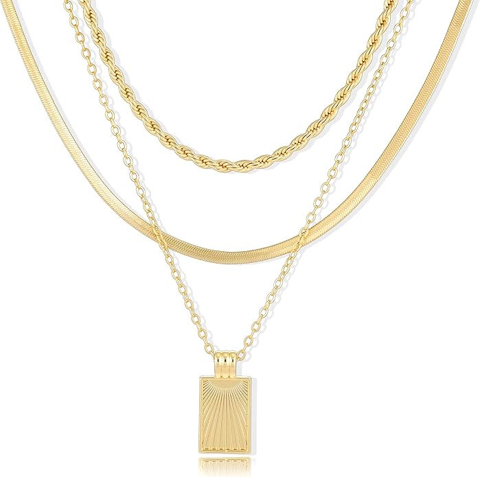 YEEZII Layered Gold Necklaces for Women Trendy, 3 Pcs 14K Gold Plated Choker Paperclip Box Chain Necklace, Stackable Women's Gold Pendant Necklaces Jewelry Set