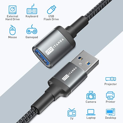 ITD ITANDA 10FT USB Extension Cable USB 3.0 Extension Cord Type A Male to Female5Gbps Data Transfer for Keyboard, Mouse, Playstation, Xbox, Flash Drive, Printer, Camera and More