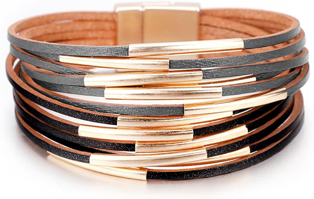 Fesciory Leather Wrap Bracelets for Women, Boho Leopard Multi-Layer Crystal Beads Cuff Bracelet Jewelry