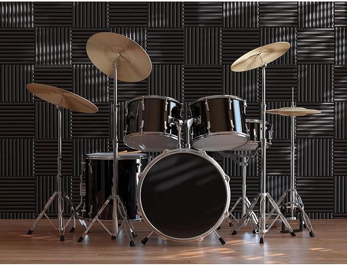 JBER 12 Pack Acoustic Foam Panels, 1" X 12" X 12" Sound Proof Foam Panels for Walls, High Desnsity Studio Soundproofing Wedges - Fire Resistant & Noise Absorbing for Studio, Office, Home (Black)