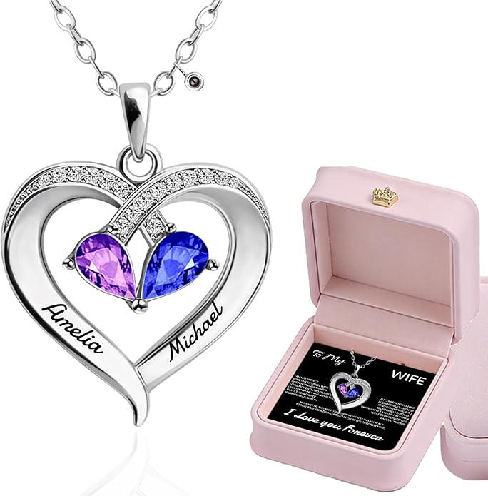 Jewelry To My Wife Necklace, Personalized Necklace Engraved Name jewelry, Custom Projection Photo Birthstone Heart Necklaces for Women, for Valentine's Day Anniversary