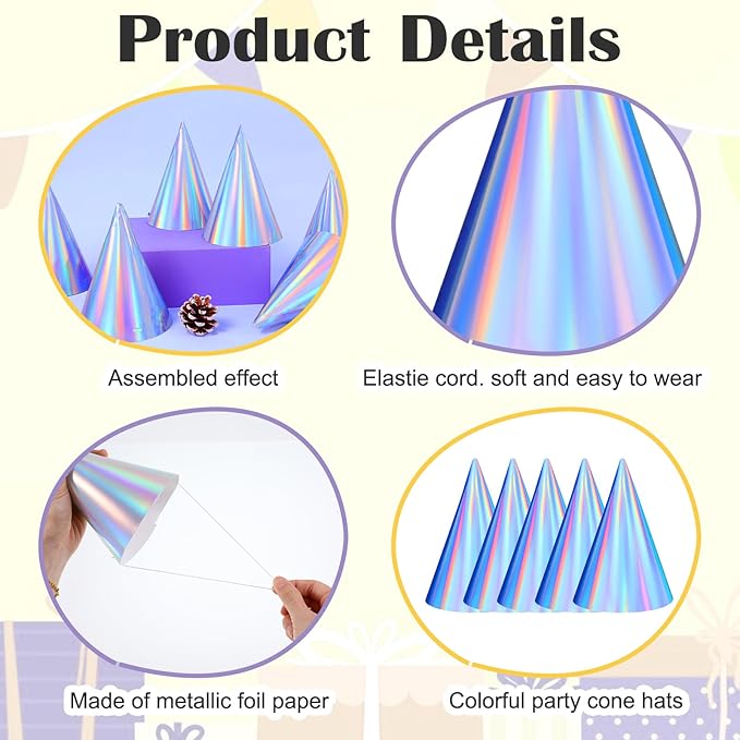 100PCS Iridescent Party Hats, Laser Themed Birthday Party Hat Partys Cone Hat with Elastic String Bulk Partys Hats for Kids and Adults, Colorful Birthday Hatss