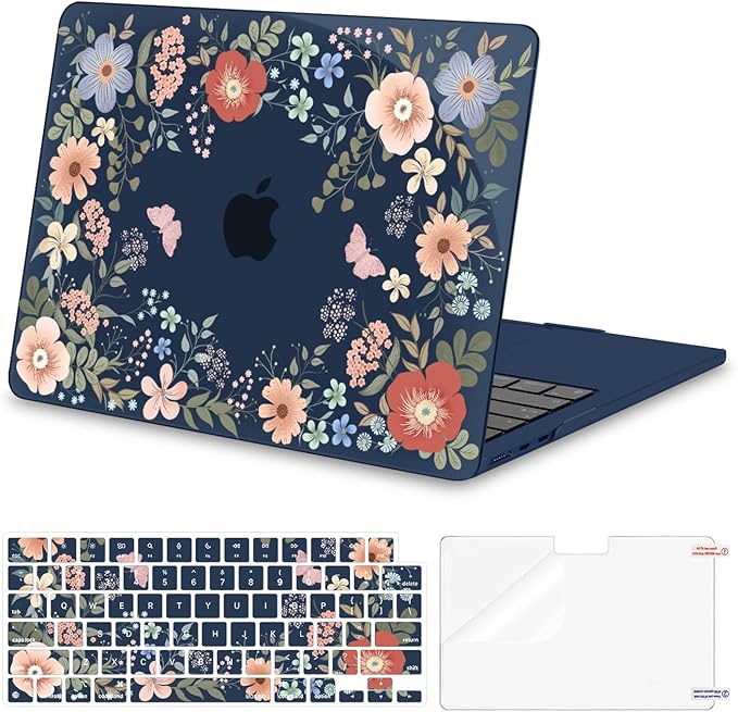 MOSISO Compatible with MacBook Air 13 inch Case 2025 2024 2023 2022 M4 A3240 M3 A3113 M2 A2681, Lush Floral Hard Shell&Keyboard Cover&Screen Protector for MacBook Air 13.6 inch Case, Blue