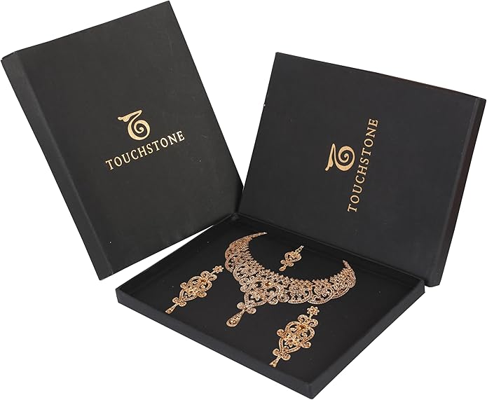 Touchstone Indian jewelry set for women bollywood gold jewellery wedding outfits necklace sets earrings bridal maang tikka fancy costume girls big desi accessories rhinestone in gold or silver tone