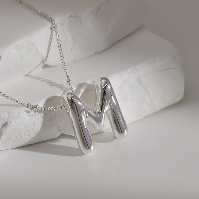 Inerney Valentines Day Gifts Gold Bubble Letter Necklace Initial Necklaces for Women, Chunky 14K Plated Balloon Initials, Trendy Charm Non Tarnish Custom Name Pendant Jewelry Gifts for Mom