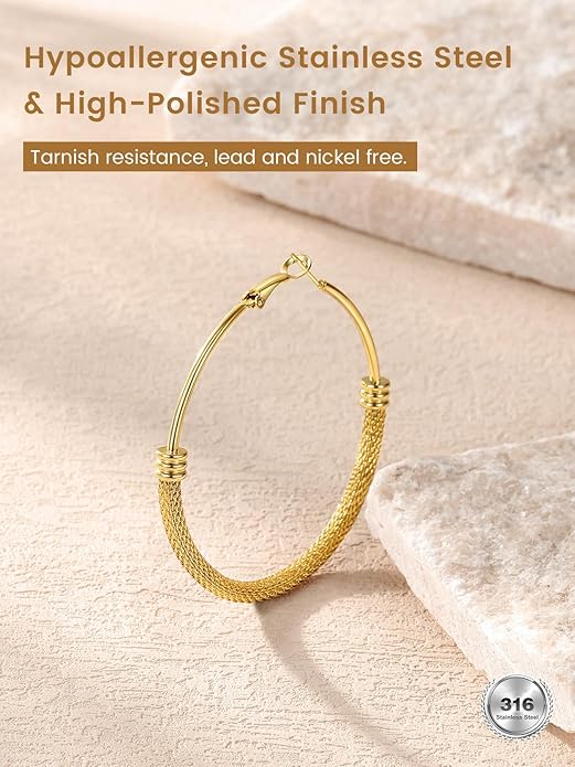 KeyStyle Mesh Hoop Earrings for Women, Stainless Steel Gold Hoops Earring Lightweight Loops, 2MM Thick Hypoallergenic Circle Endless Hollow Hoop 20mm-80mm