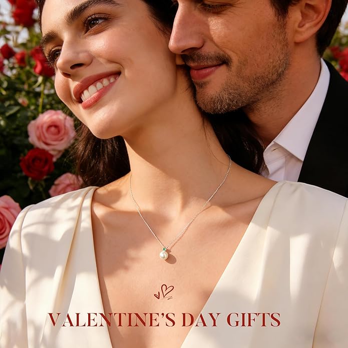 Iefil Valentines Day Gifts for Her - 9-10mm Freshwater Pearl Necklace for Women, Anniversary Birthday Gifts for Wife Mom Girlfriend, S925 Sterling Silver Pearl & Birthstone Necklace, Jewelry for Women