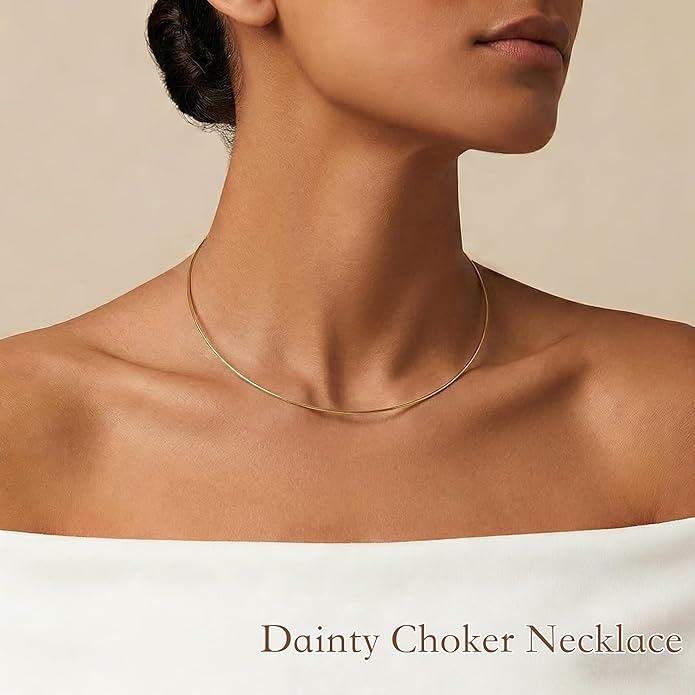 Dainty Choker Necklace for Women, Minimalist Simple Thin Lightweight Collar Choker, 14K Gold Plated Stainless Steel, Hypoallergenic Fashion Trendy Jewelry, Open Cuff Bangle Inspired Design Jewelry