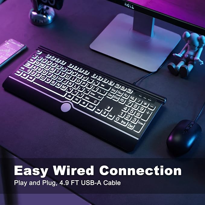 Large Print Backlit Computer Keyboard, USB Full Size Wired Keyboards with 7-Colors Backlight, Wrist Rest, Light Up Keyboard for Windows, PC, Laptop - Easy to See, Easy to Setup