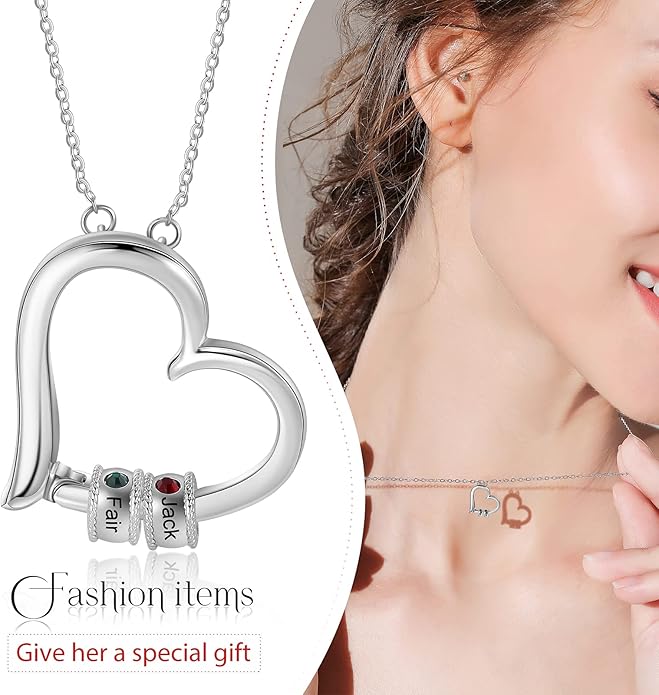 Personalized Women's Pendant Necklace 925 Sterling Silver with 1-5 Simulated Birthstone Names Customized Heart Shape Cubic Zirconia Necklace