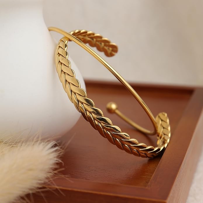 Dainty Gold Cuff Bracelets Set for Women, Non Tarnish Statement Wide Bangle Adjustable Wheat Braided Twisted Open Bracelet Beach Wedding Fashion Jewelry Gifts.