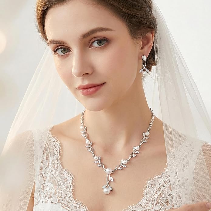 Hadskiss Wedding Jewelry Sets for Women/Brides/Bridesmaids, Cubic Zirconia Pearl Necklace Earrings Bracelet Set 18K Gold Plated Hypoallergenic Jewelry for Wedding Prom Party