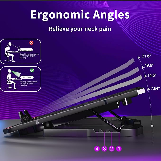 AICHESON Laptop Cooling Pad for 15.6 to 17.3 Inches PC Notebooks, 5 Fans Computer Cooler Stands with Purple Lights Desk Chiller Mat, S035