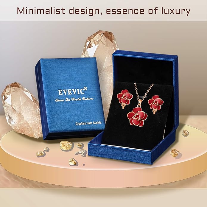 Dainty Rose Flower Pendant Necklace Clip On Earrings Set for Women 14K Gold Plated Hypoallergenic Jewelry Sets