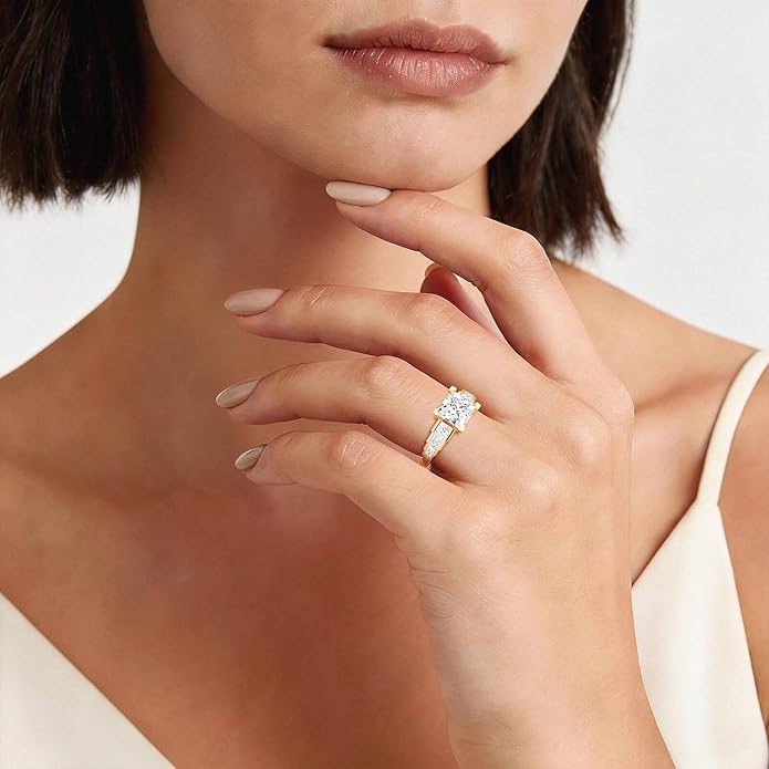 MSBLUE Moissanite Engagement Ring, Staircase Princess Cut, 14K Gold Vermeil, Wedding Promise Ring, Valentines Day Gifts for Her