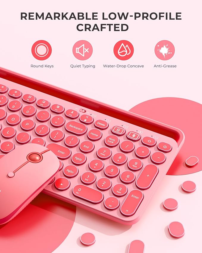 seenda Bluetooth Keyboard and Mouse for iPad, CTU-301 Multi-Device Bluetooth + 2.4G Wireless Keyboard Mouse with Tablet Holder for MacBook/Windows Computer, iOS/Andriod Tablet Phone, Coral Pink