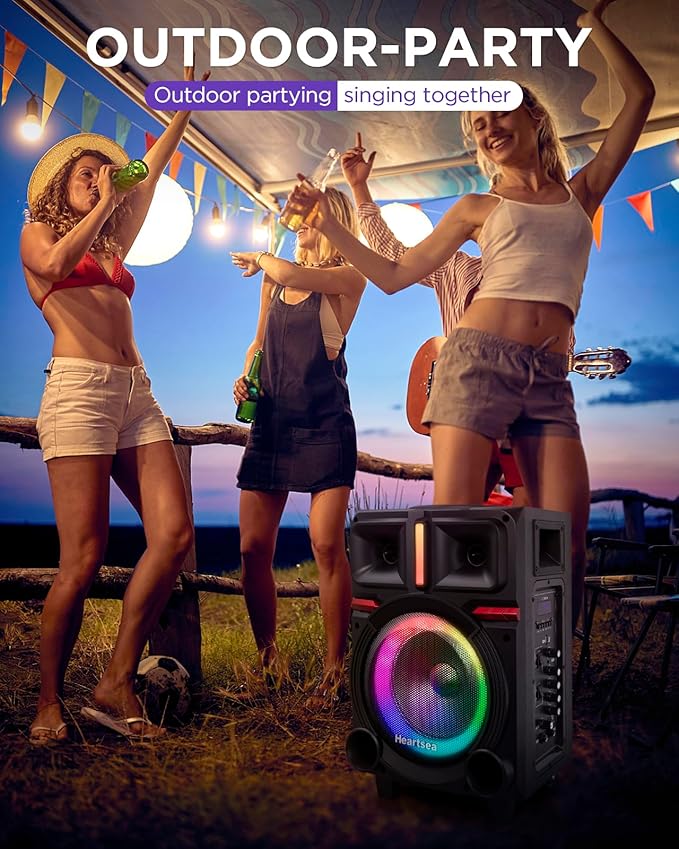HEARTSEA Karaoke Machine for Adults, Portable Bluetooth Speaker with 2 Wireless Microphones, PA System with Disco Lights for Big Party, Outdoor, Supports USB/TF/REC/AUX, Ideal Gifts for Family