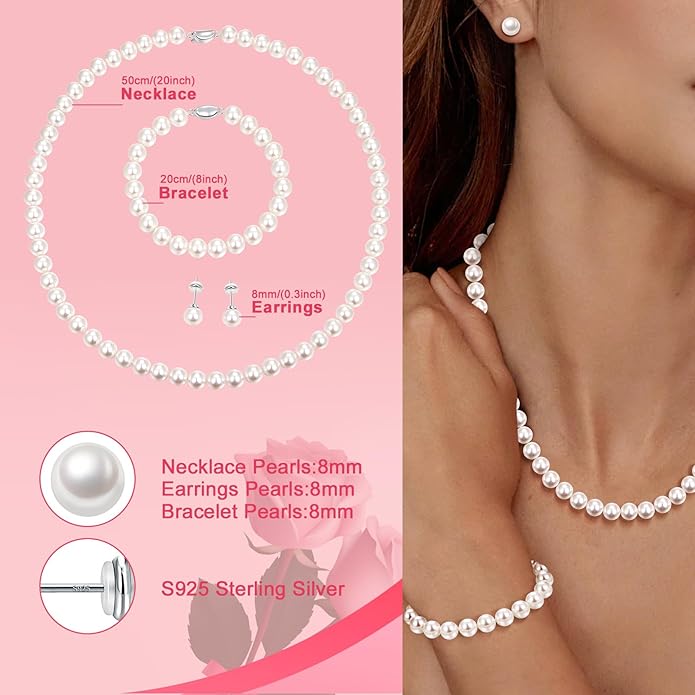 Pearl Necklace and Earring Set Include Stunning Bracelet, Pearl Jewelry Set for Women with Preserved Rose Box