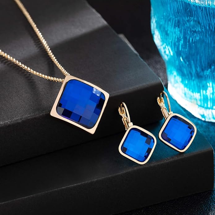 EVEVIC Square Austrian Crystal Necklace Earrings for Women Fashion 18K Gold Plated Hypoallergenic Jewelry Set