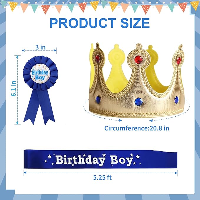 Birthday Boy Sash Hat Button Pin Accessory, Birthday King Crown Party Set, Photo Props for Boys' Theme Party Decoration