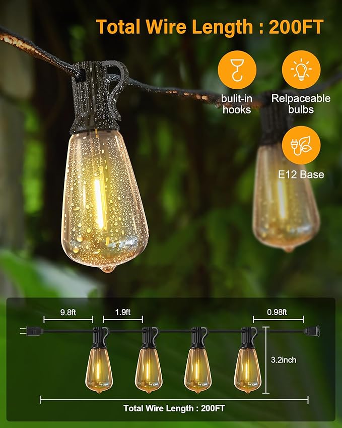 200FT LED Outdoor String Lights, 2700K LED Patio Lights Outdoor Waterproof with 100+4 Shatterproof Vintage Bulbs, Plug in Hanging Light for Porch, Backyard, Garden, Gazebo