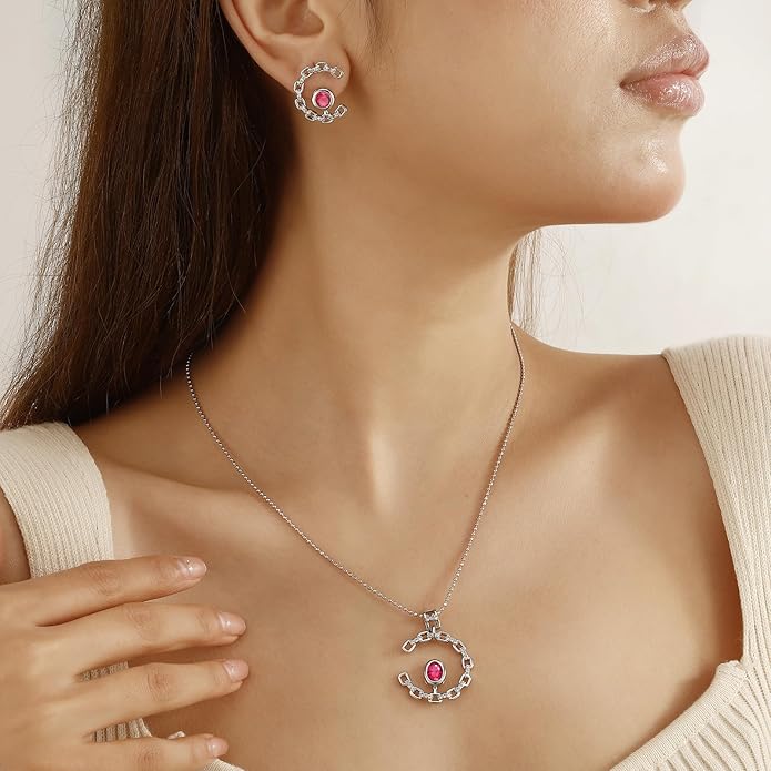Elegant C-Shaped Crystal Necklaces/Stud Earrings Set with Birthstone Jewelry Set Silver Plated Fashion Jewelry for Women CS0003