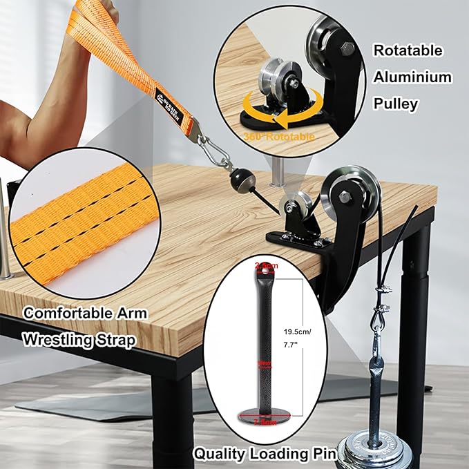 Arm Wrestling Pulley System with Adjustable 1.5m Steel Cable, Dual Aluminum Pulleys, 220lb Capacity, Table Clamp and Loading Pin for 1” & 2” Weight Plates, Wrist Strength Training Equipment