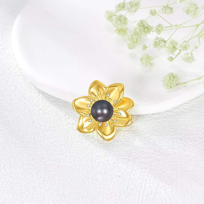 Diamonds Flower Brooch for Women, 925 Sterling Silver Black Freshwater Pearl Pins with Lab Grown Diamonds for Clothes, Flower Brooches Jewelry Gifts Christmas Mothers Day Birthday