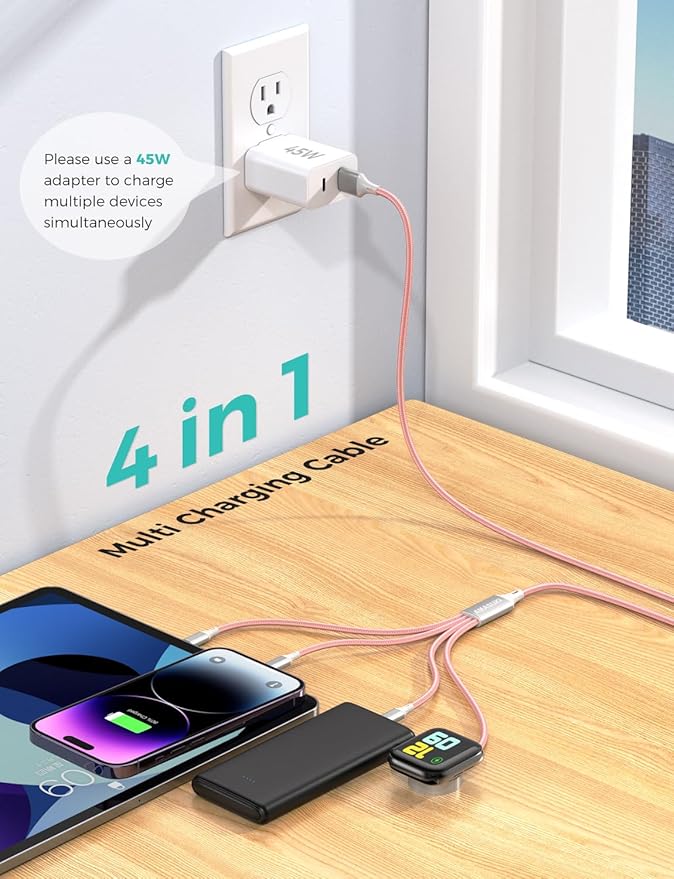 Travel Essentials Multi Charging Cable for Watch Charger 4 in 1 Fast Charger Camping Essentials USB C/L/Micro Compatible with Watch Series 10-1/SE/Ultra Phone 16 15/Galaxy Android-4FT/Pink