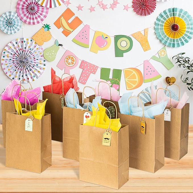 JET PAPER BAGS 100 Pack 5x3x8.25 Inch Small Paper Gift Bags with Handles Bulk, Brown Kraft Paper Bags for Grocery Shopping Retail Bags, Birthday Party Favors Wedding Bags