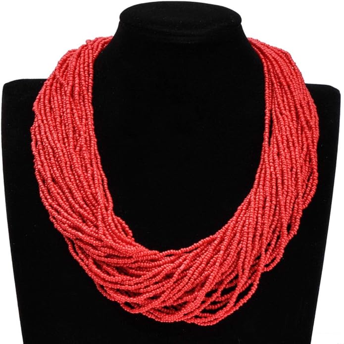 Fashion Multilayer Seed Bead Chain Choker Collar Necklace Earrings Set Cluster Strand Handmade Bib Statement Necklace