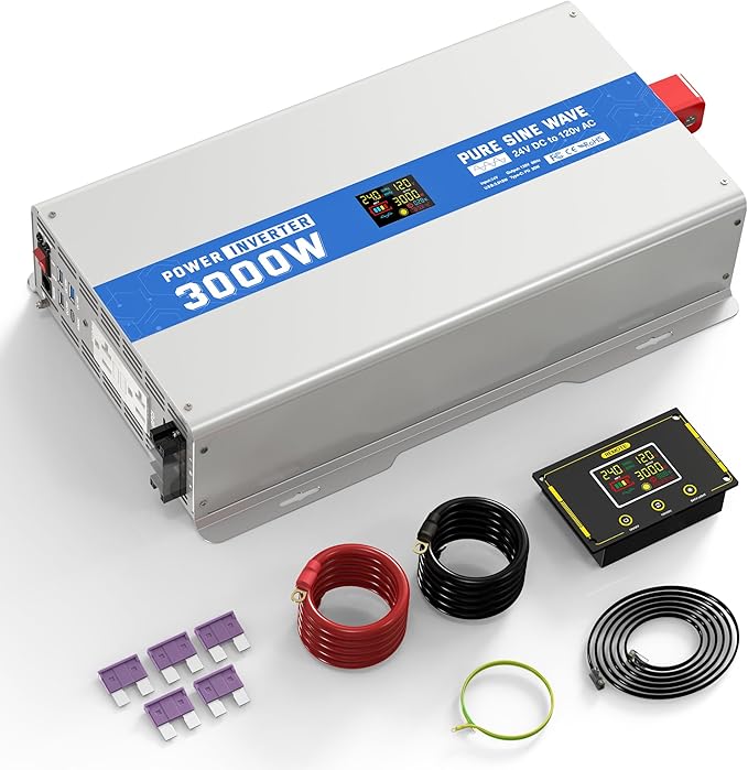 3000W Pure Sine Wave Power Inverter 24V DC to 120V AC Converter 6000 Watt Peak Power Multi-Display Screen with 2 GFCI Outlet 30W USB and 18W Type-C for Car RV Truck Boat Off-Grid, Gray Blue