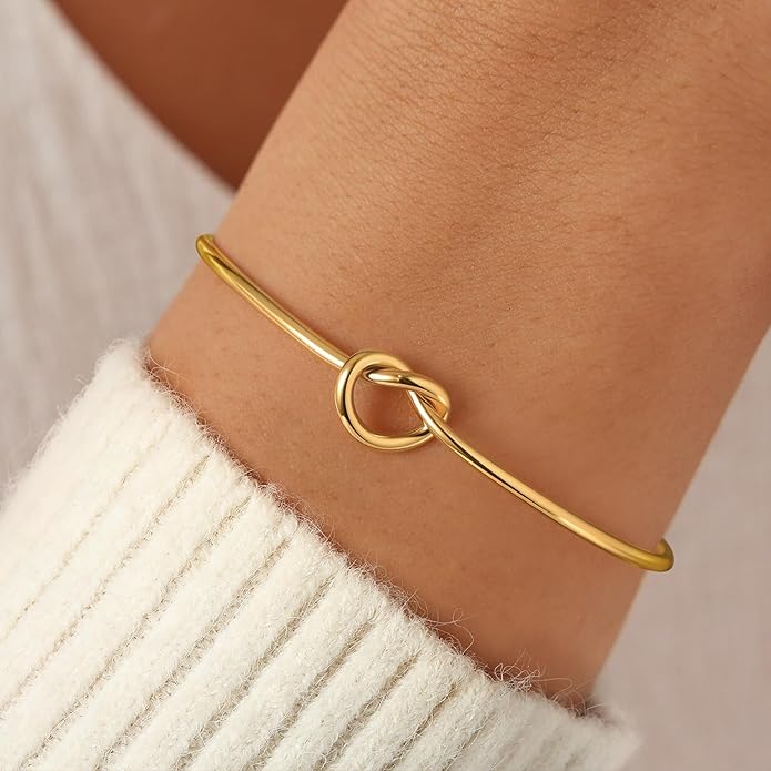 Turandoss Gold Knot Bangle Bracelets for Women - Dainty 18K Gold Plated Cuff Bangle Bracelets for Women Trendy Personalized Open Love Knot Bracelet Adjustable Cuff Bracelet Valentine Gifts for Her
