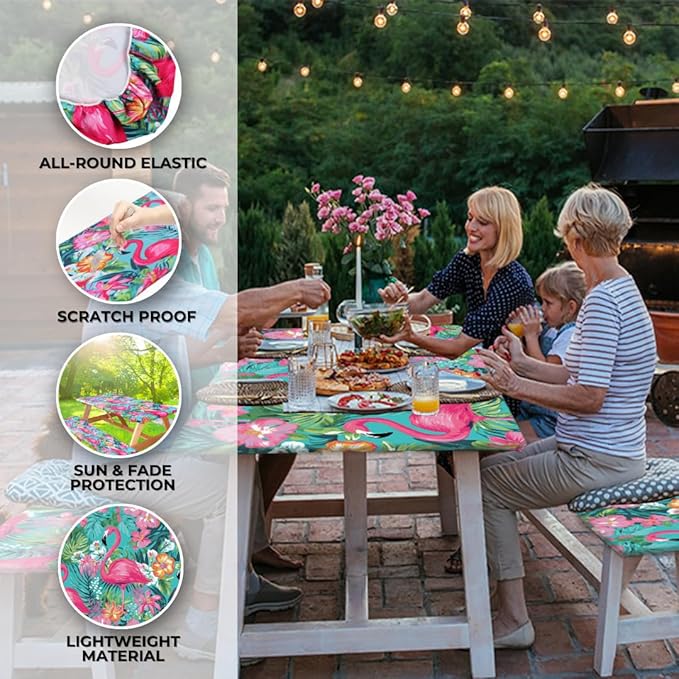 RNOONY 6ft Polyester Picnic Table Cover with Bench Covers Windproof & Waterproof Tablecloth, Perfect for Camping Gifts & RV Essentials, Cool Camping Gadgets, with Carrying Bag, 72x30 Inches, 4Pcs
