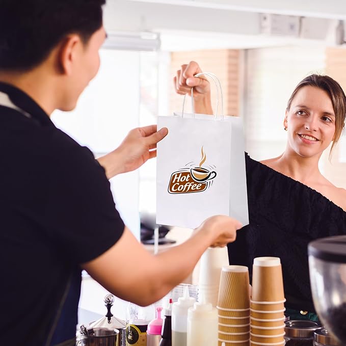 OUTUXED 120pcs Gift Bags - White Kraft Paper Bags with Handles, Medium Size 7.1x3.6x9.3in - Perfect for Parties and Businesses