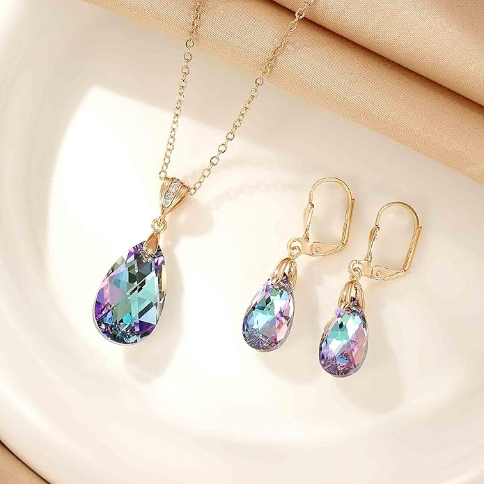 EVEVIC Austrian Crystals Teardrop Pendant Necklace Earrings for Women 14K Gold Plated Hypoallergenic Leverback Drop Dangle Earrings Jewelry Set