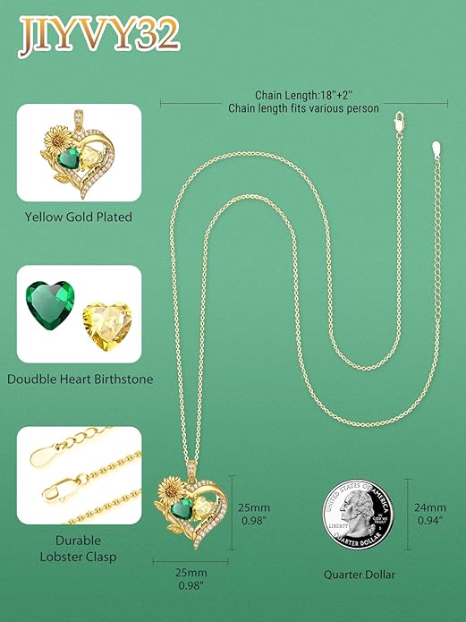 Sunflower Heart Necklace for Women 14K Gold Exquisite Valentines Day Anniversary Birthday Gifts for Wife Mother Her Double Birthstone Pendant Jewelry‘You Are My Sunshine’