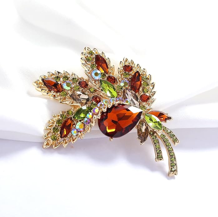 YOQUCOL Big Large Brooch Pin Austrian Crystal Leaf Shape Bouquet Rhinestone Scarf Decoration Wreath Cloth Brooches Pins For Women Girls