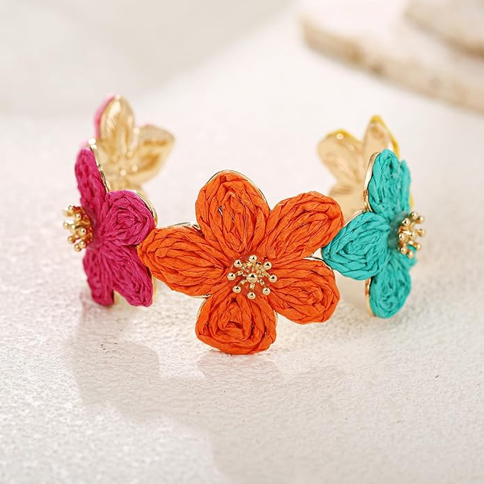 Raffia Flower Cuff Bracelet for Women, Floral Chunky Bangle Wide Open Cuff Statement Bracelet