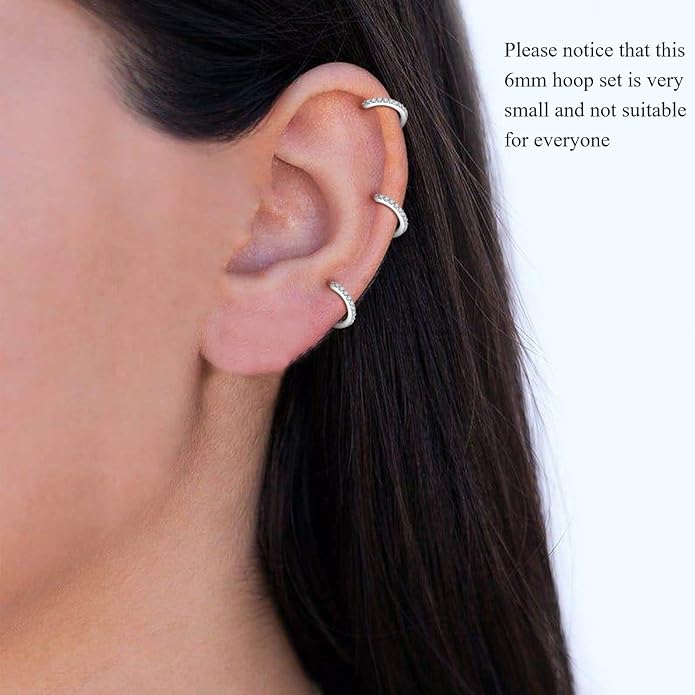 925 Sterling Silver Small Hoop Earrings Cubic Zirconia Huggie Hoop Earrings, 3 Pairs 14K White Gold Plated Cartilage Piercing Earrings Ear Cuff Tiny Hoop Earrings for Women Men