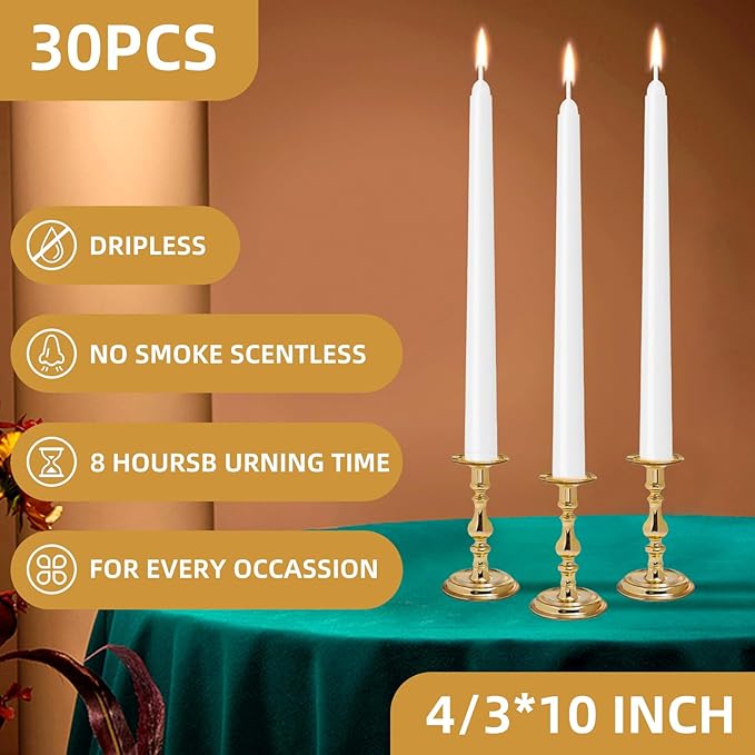 30 Pack White Taper Candles - 10 inch Dripless, Smokeless & Unscented | Long Burning 8 Hours | Hand Poured Tall Candlesticks | Bulk Decorative Candles for Home, Weddings & Parties